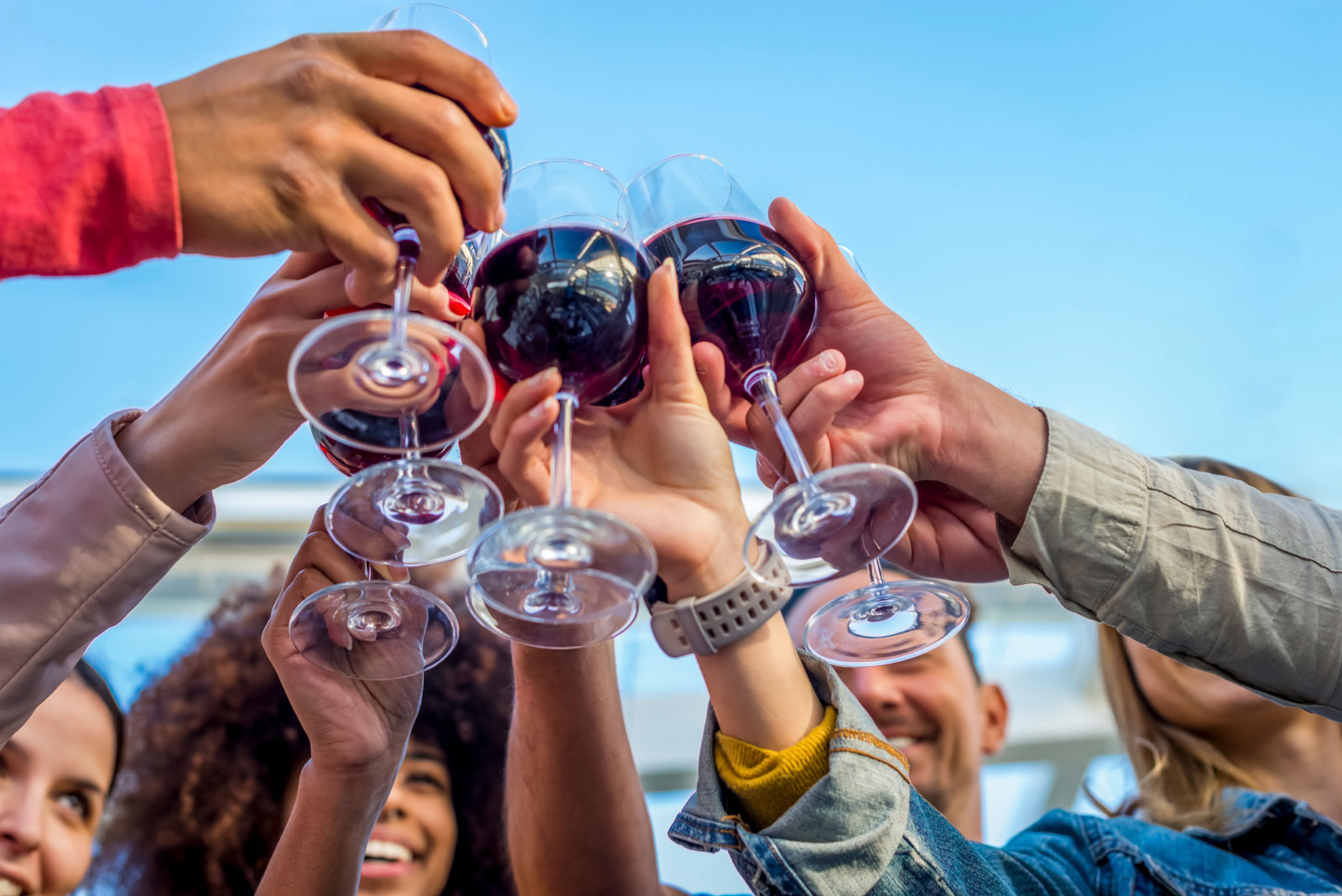Group toasting glasses of wine in air