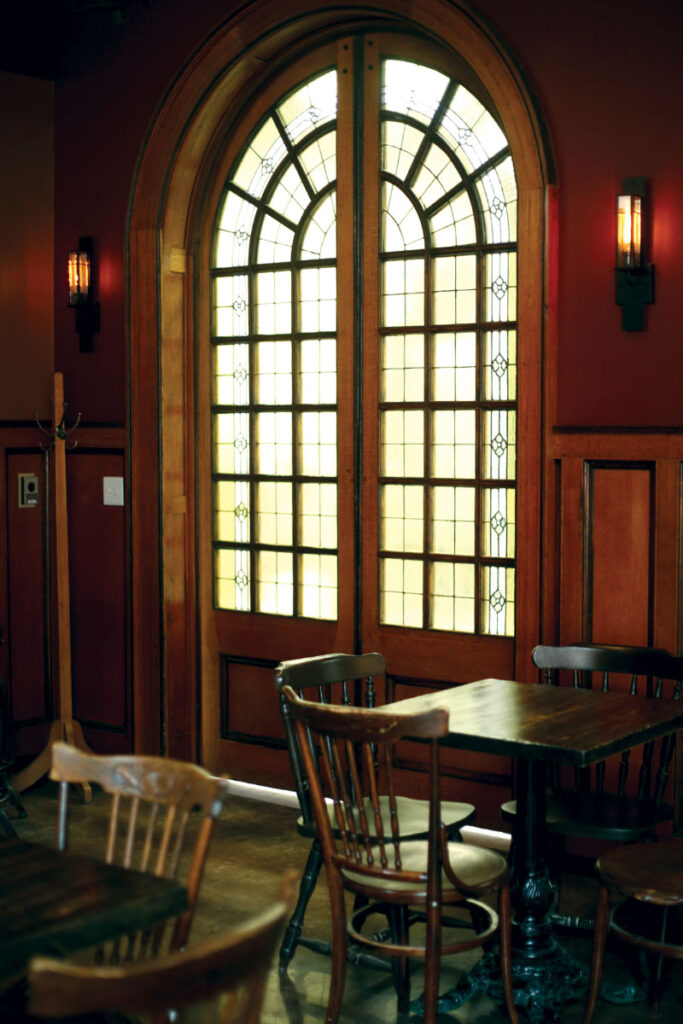 Stained glass windows in tasting room