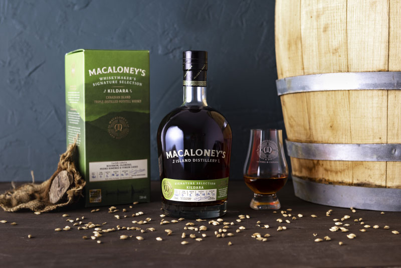 Bottle of Macaloney's Kildara on display