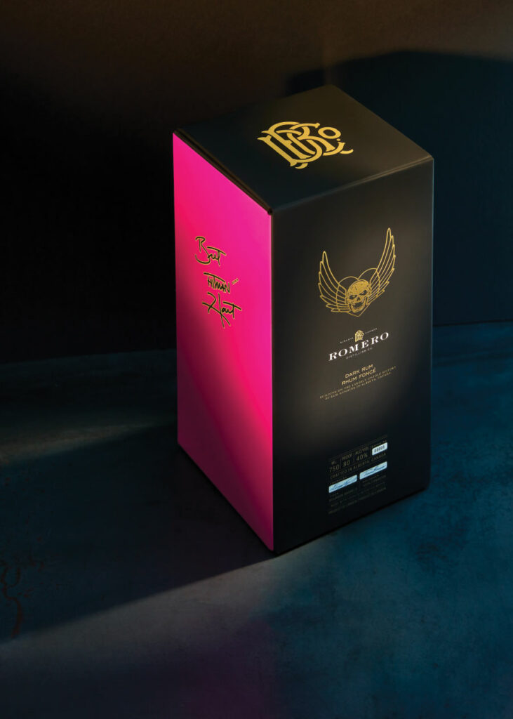 Romero pink, black and gold printed packaging