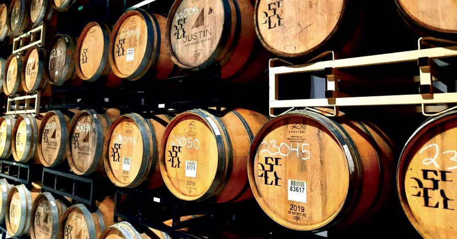 Stacks of wooden barrels