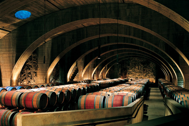 Rows of wine barrels