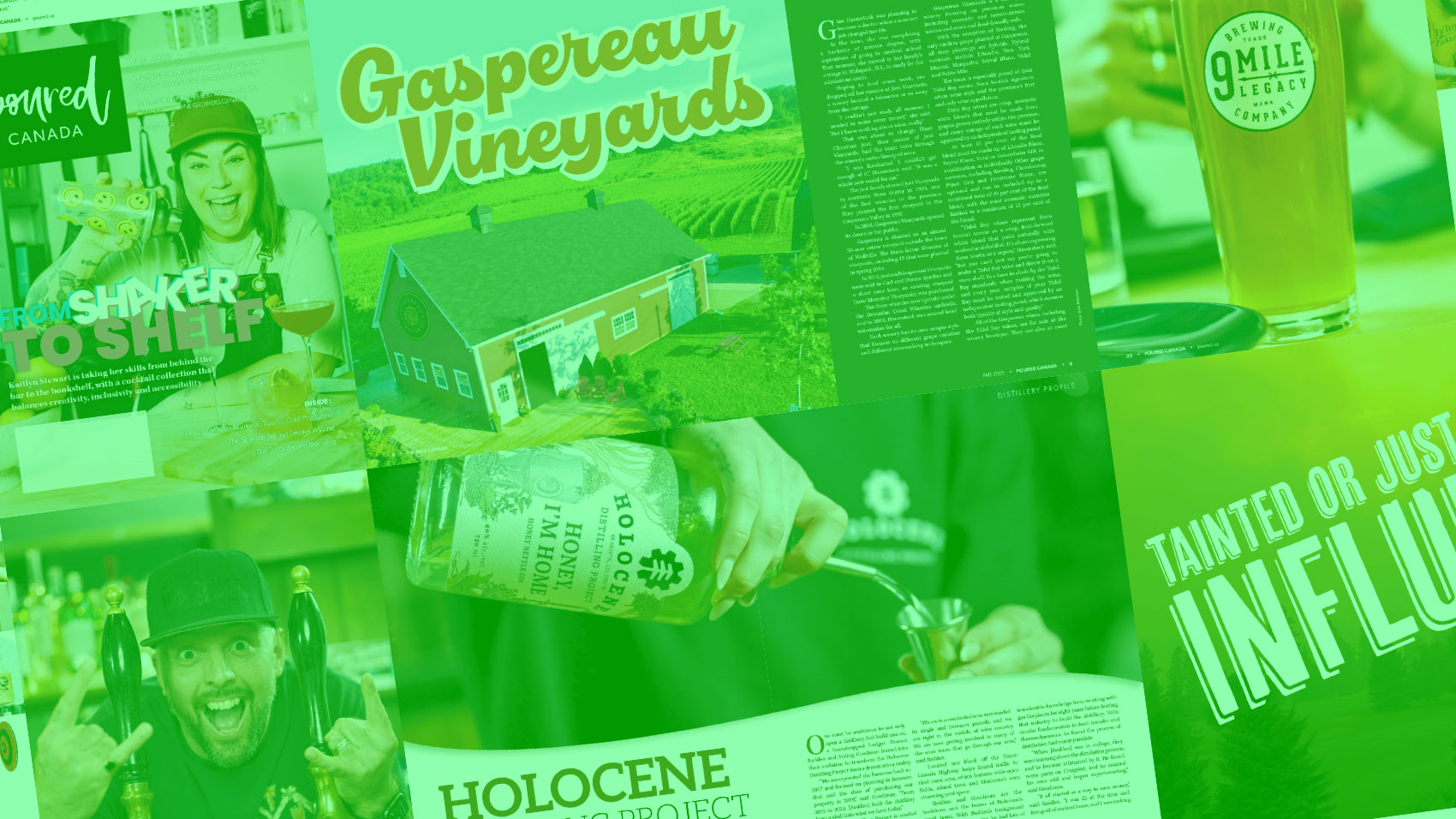 Various pages from the Summer 2025 issue of Poured Magazine with green tint overlay