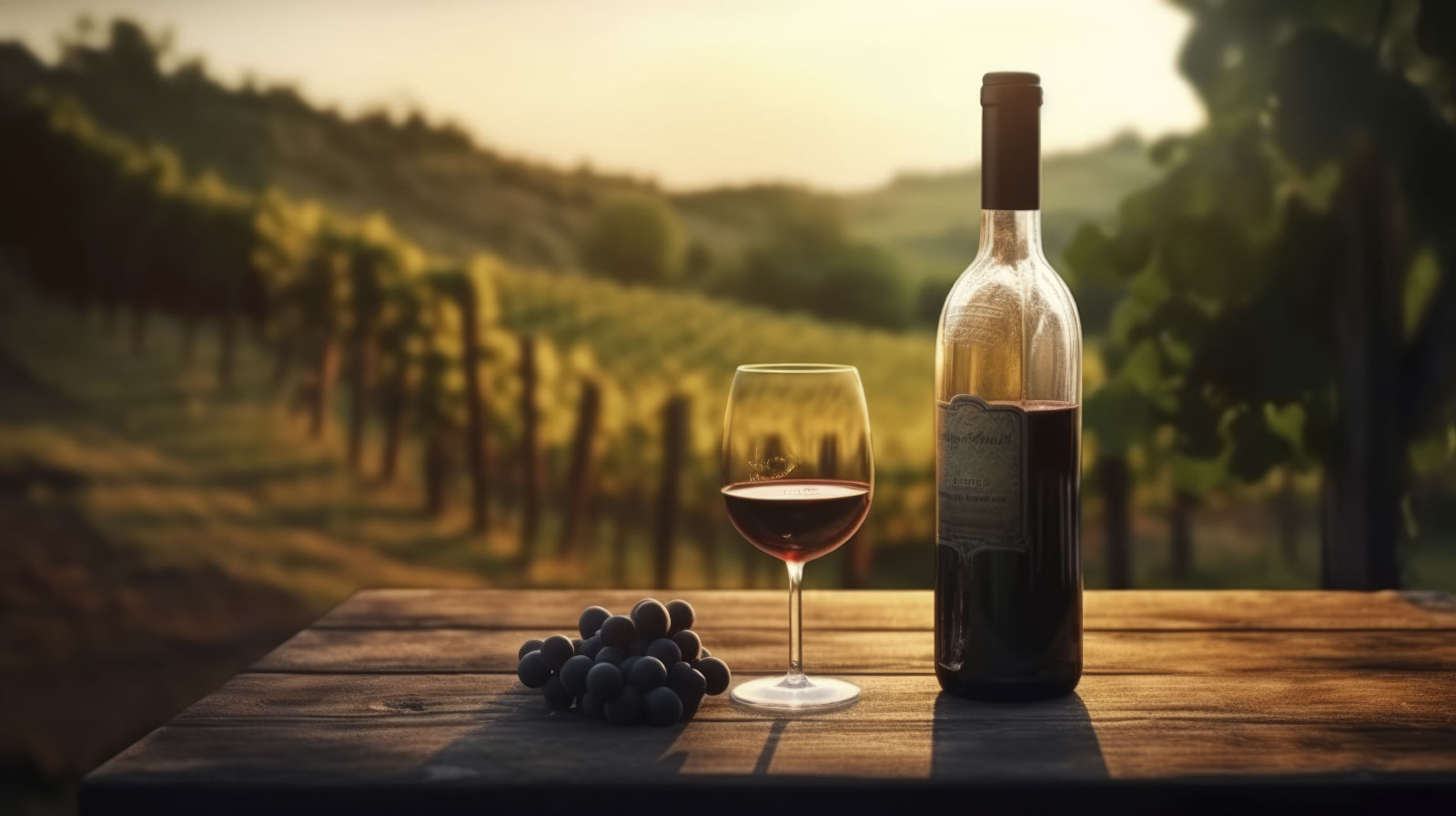 Wine bottle and glass of red wine on vineyard at sunset