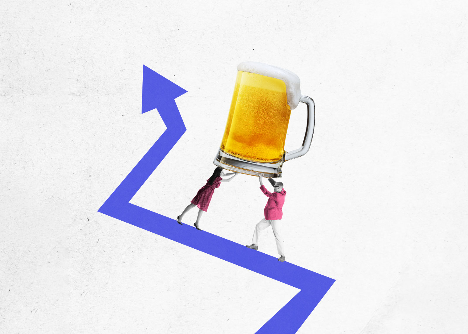 Illustration of man and woman pushing a large beer mug up an upward arrow