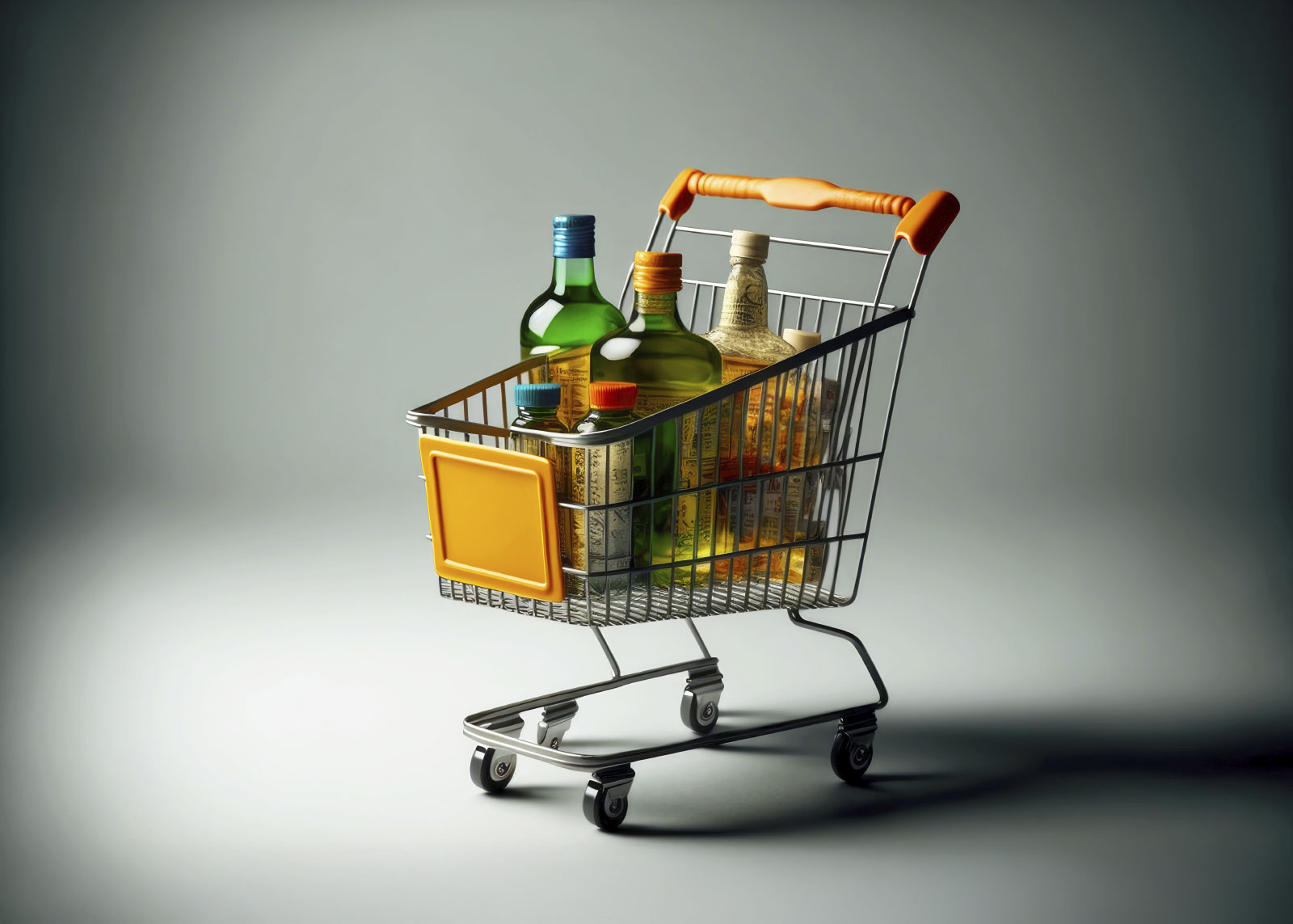Small shopping cart filled with liquor bottles on gray background