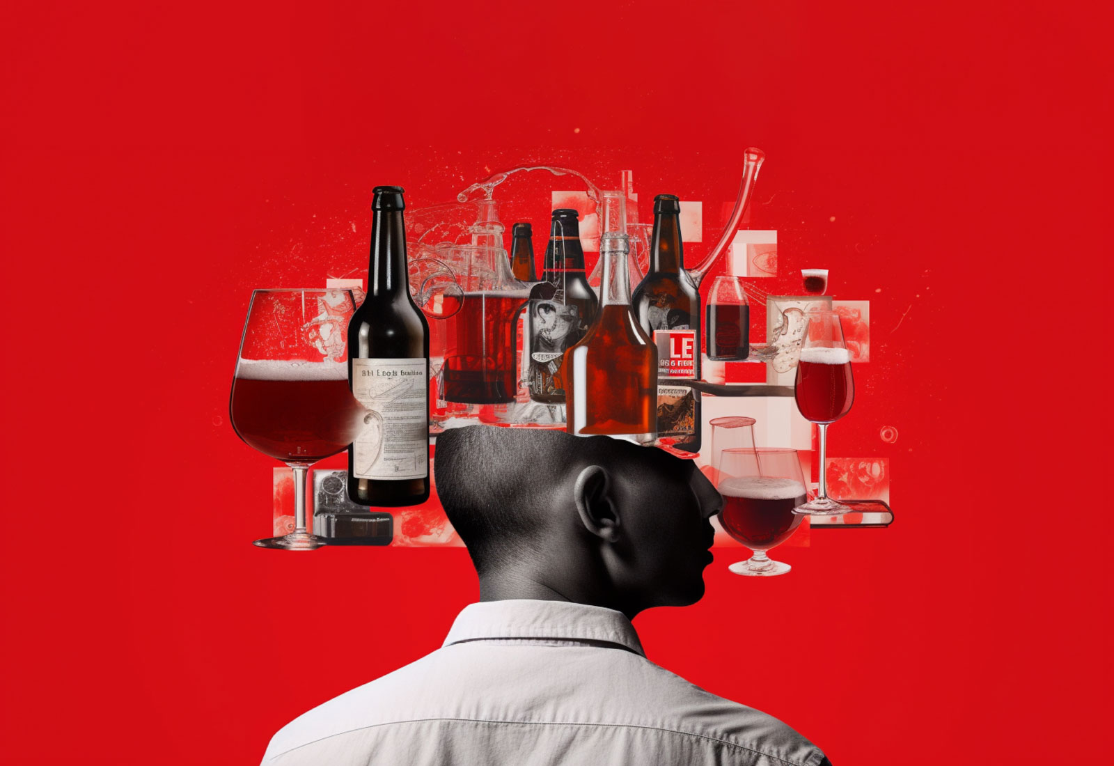 Contemporary art collage of male and various beverage containers above head isolated over red background