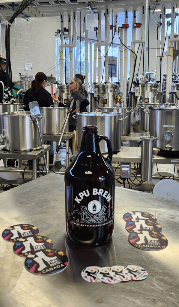 Growler of Pink Boots Brew on table