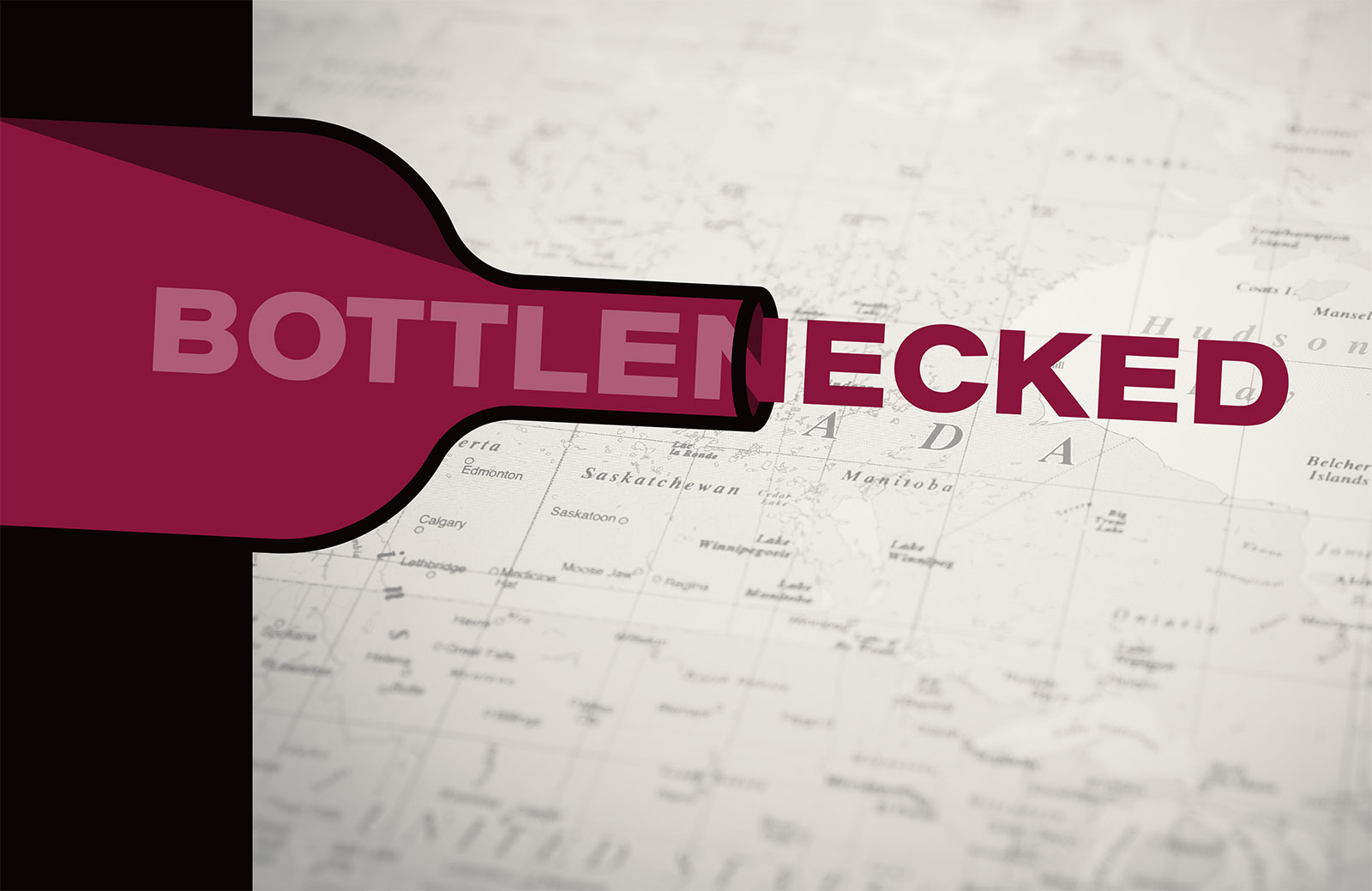 Illustration of bottle and map, with the word Bottlenecked coming out of bottle's mouth