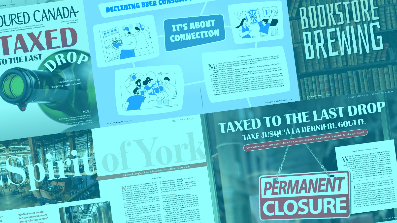 Various pages from the Spring 2026 issue of Poured Magazine with a blue tint filter