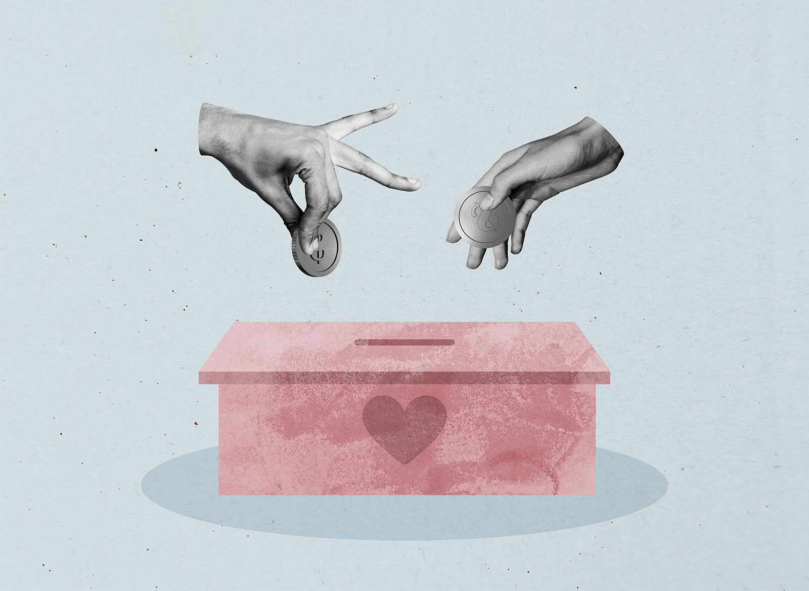 photo collage of hands putting coins in donation box