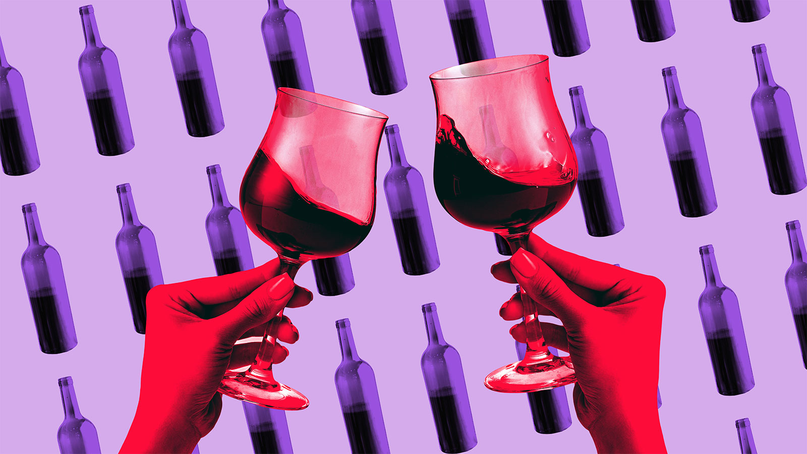 Pop art style collage with hands clinking wine glasses with vibrant bottle pattern