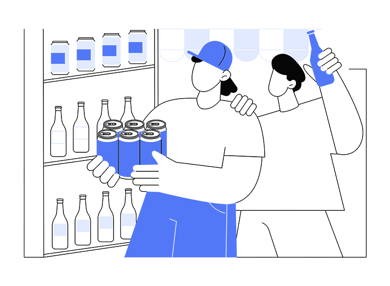 Vector illustration. Two young men buying beers for a party