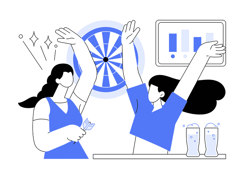 Vector illustration. Group of cheerful friends having fun in pub, playing darts