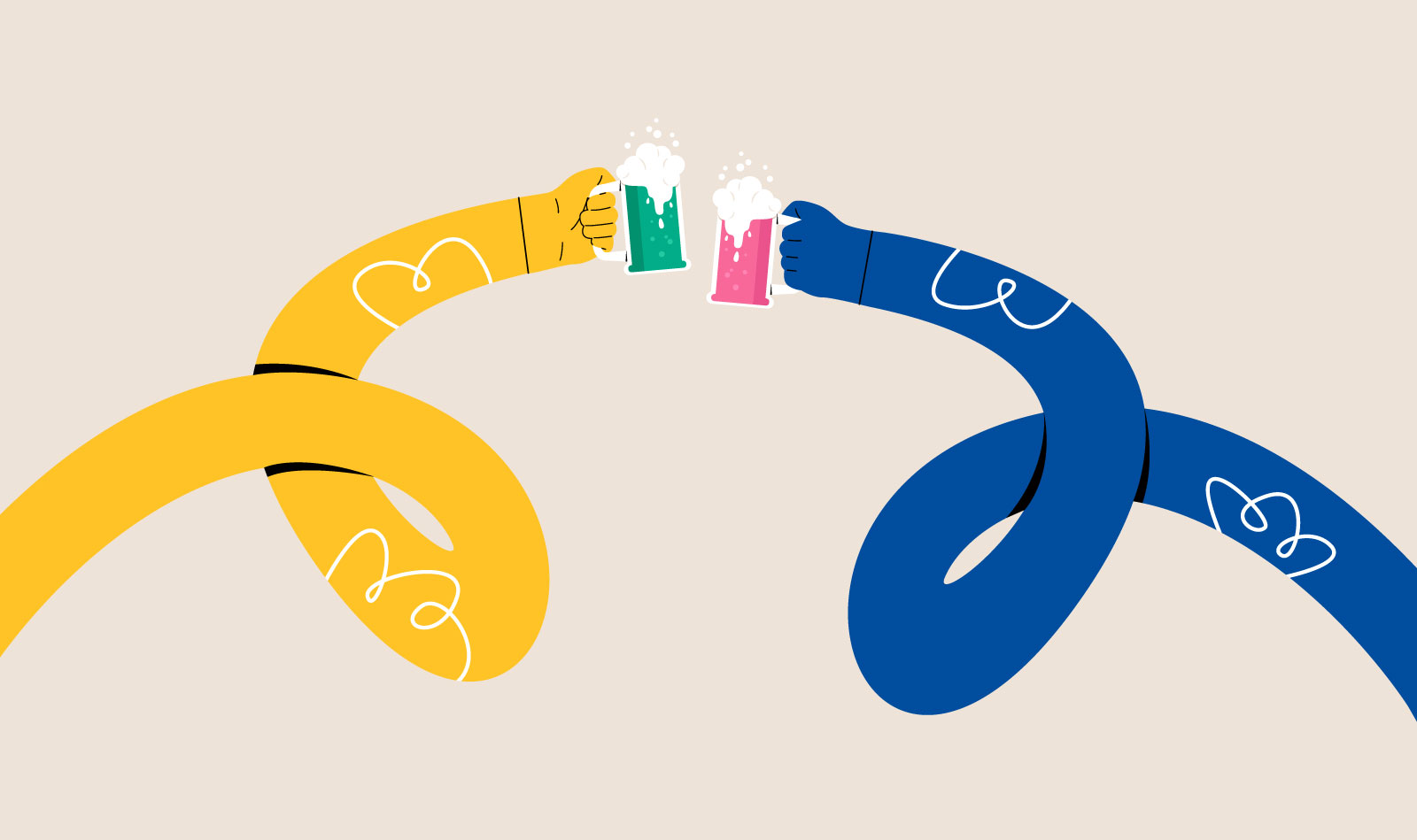 vector illustration of long, winding arms holding beer glasses