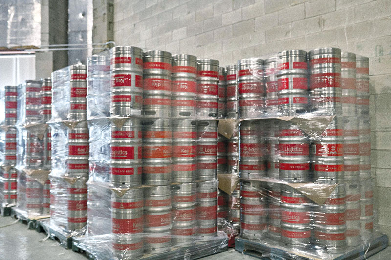 Wrapped pallets of kegs
