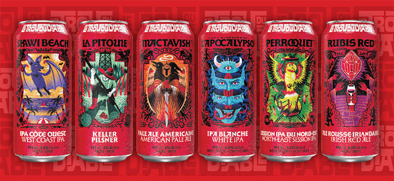 Various cans of beer, isolated against red background