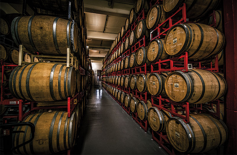 Rows of wooden barrels