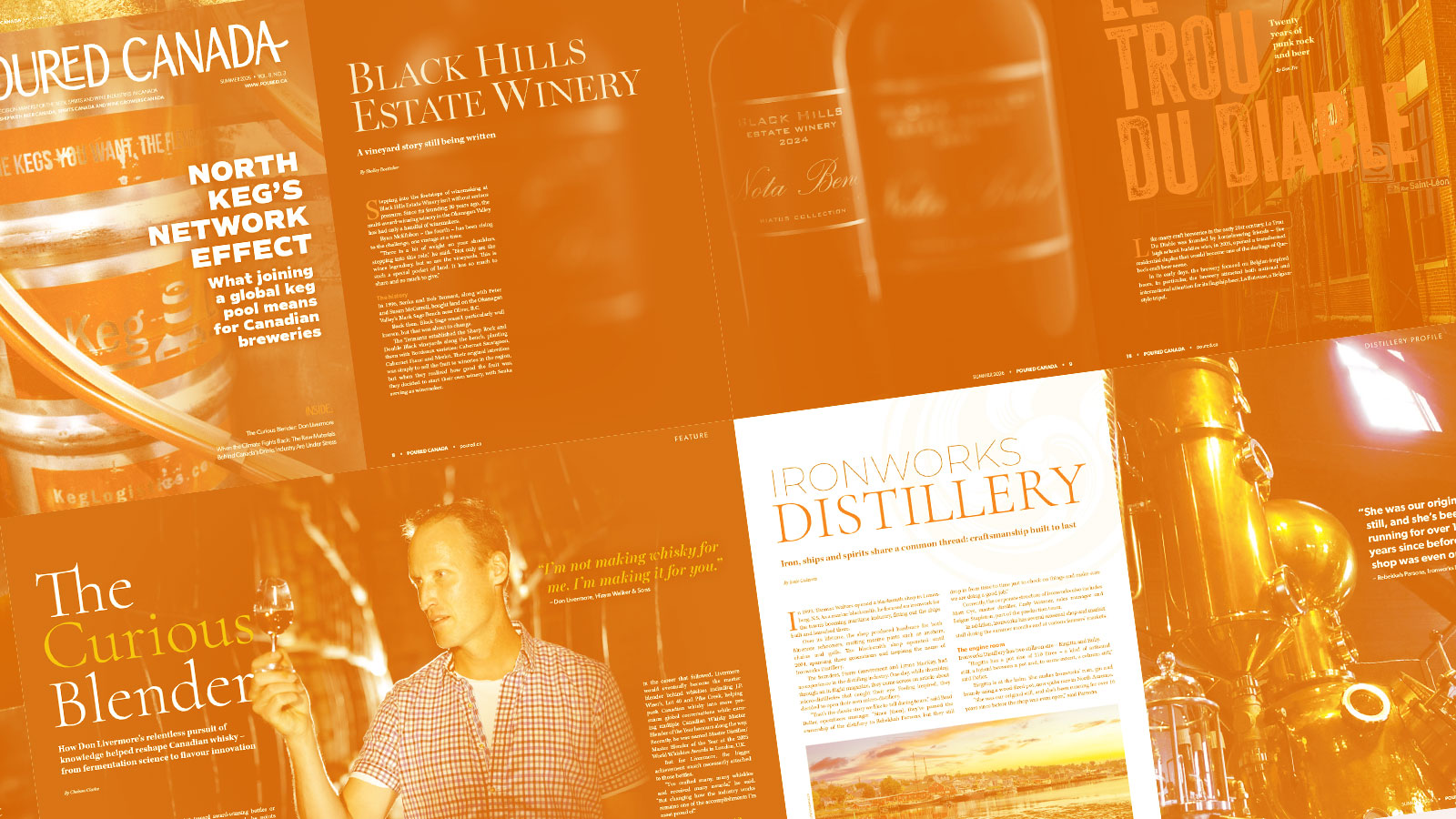 Various pages from the Summer 2026 issue of Poured Magazine with a golden hue overlay