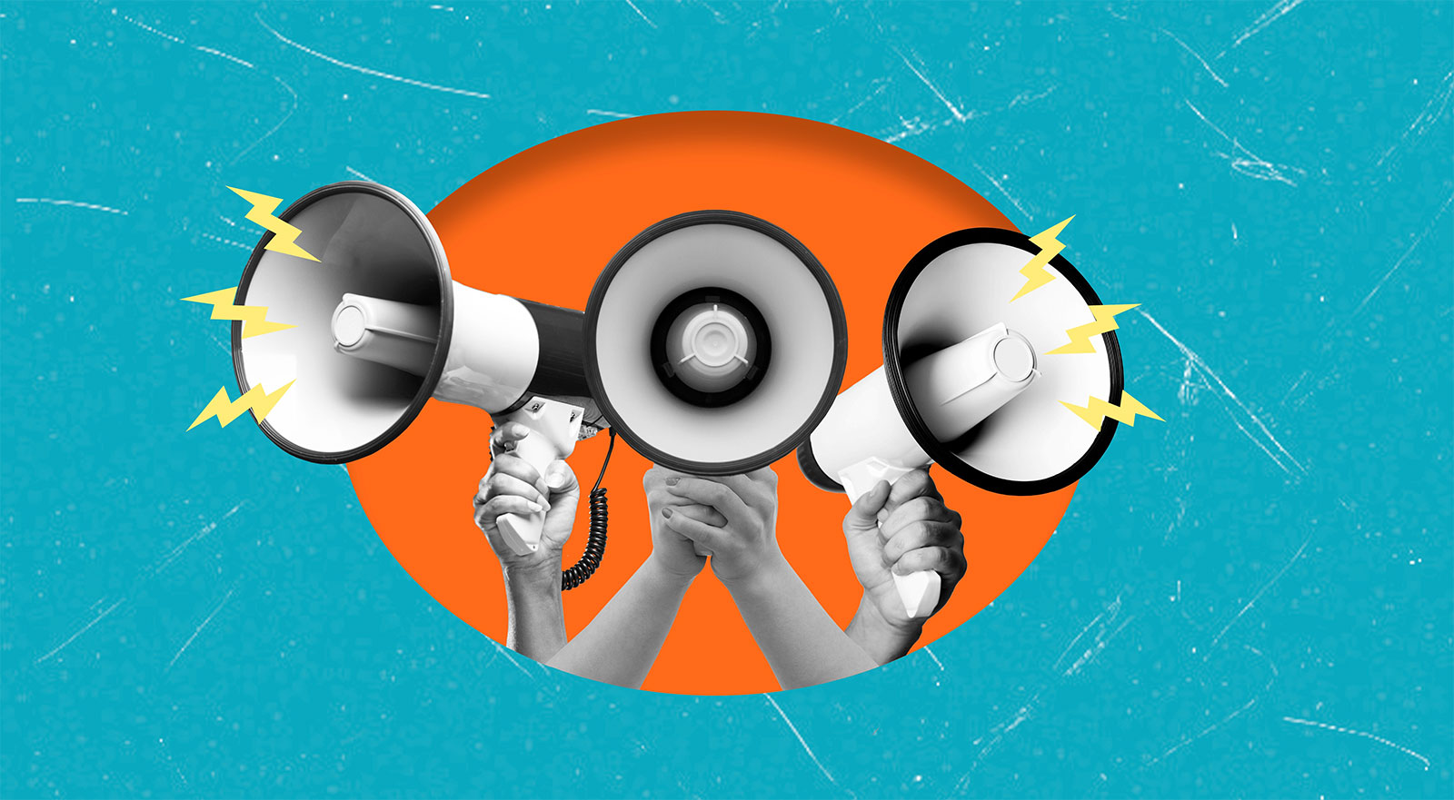 Art collage of three hands holding megaphones