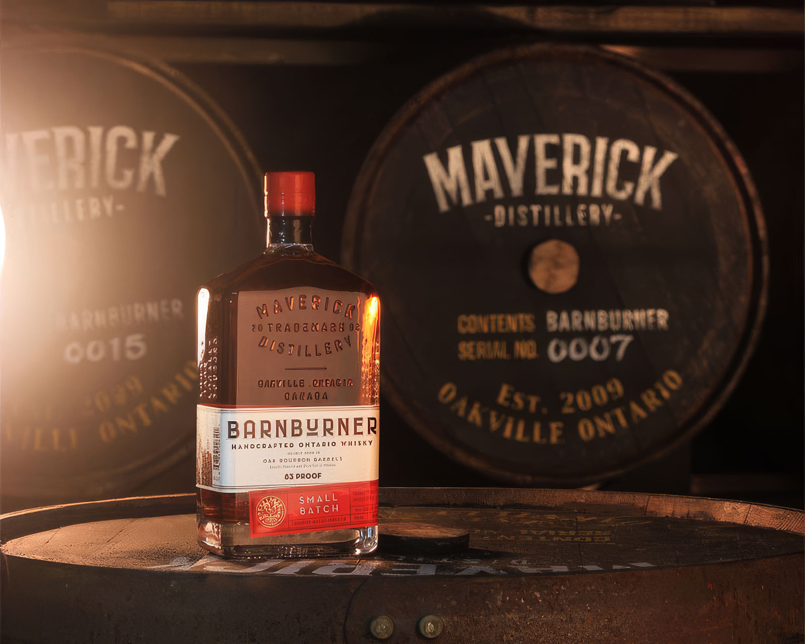 Bottle of Barnburner Whisky on Maverick barrel