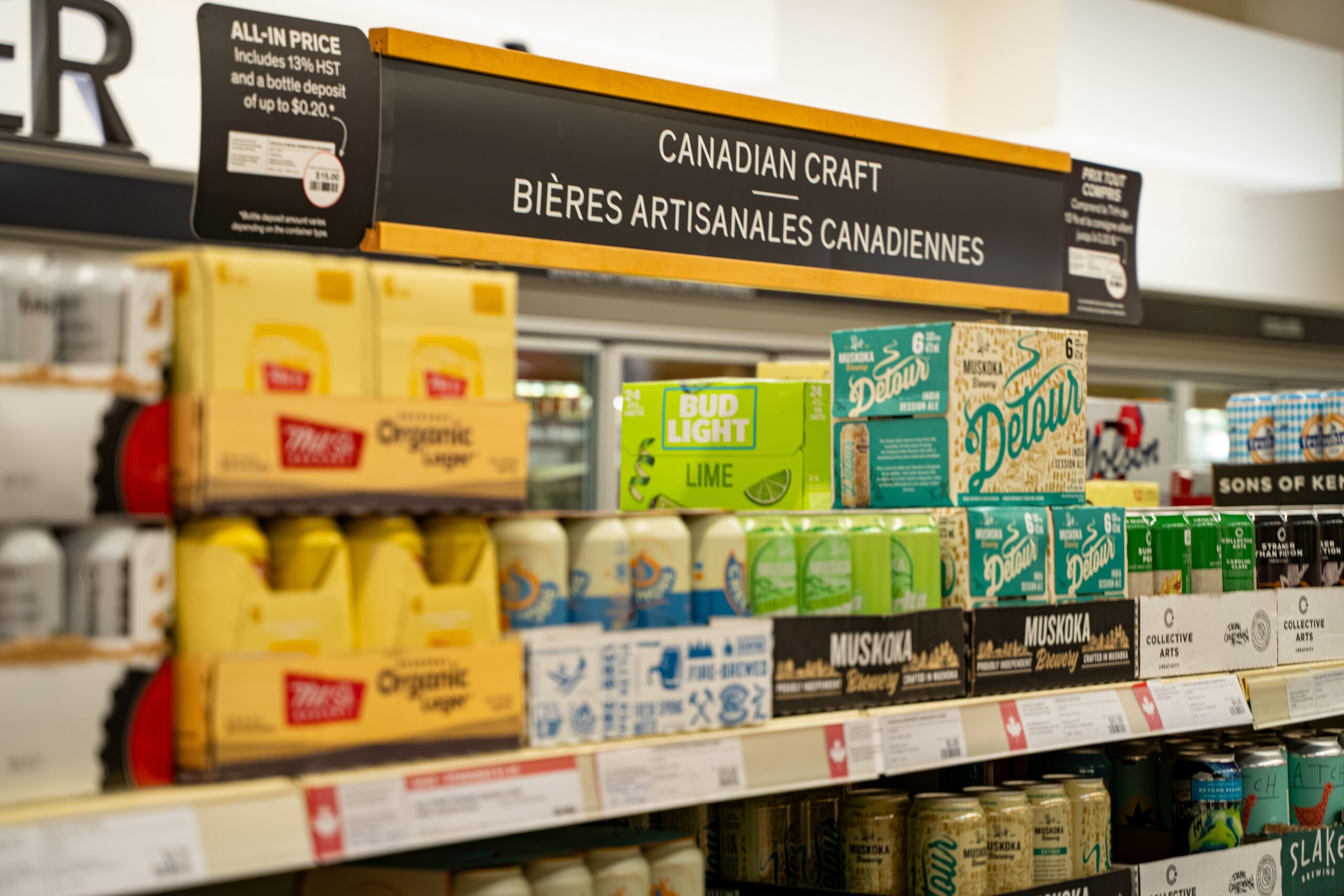 View of Canadian craft beer cans on store shelf